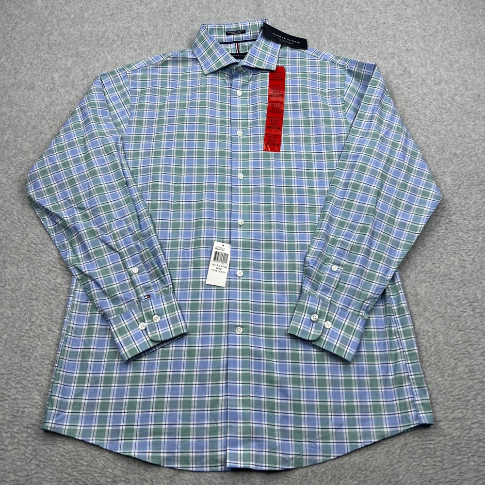 NEW Tommy Hilfiger Dress Shirt Mens Medium Blue Green Plaid Stretch Button Up